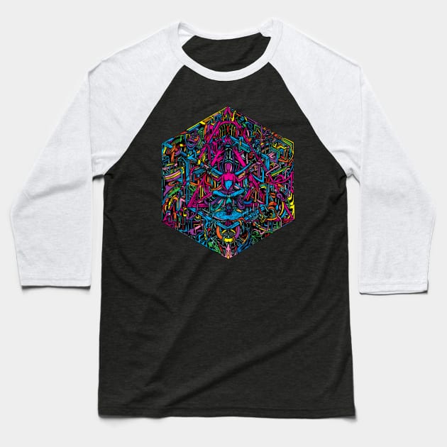 Hexagonal Layers of Reality | Colorful Psychedelic Art Baseball T-Shirt by Trippinink